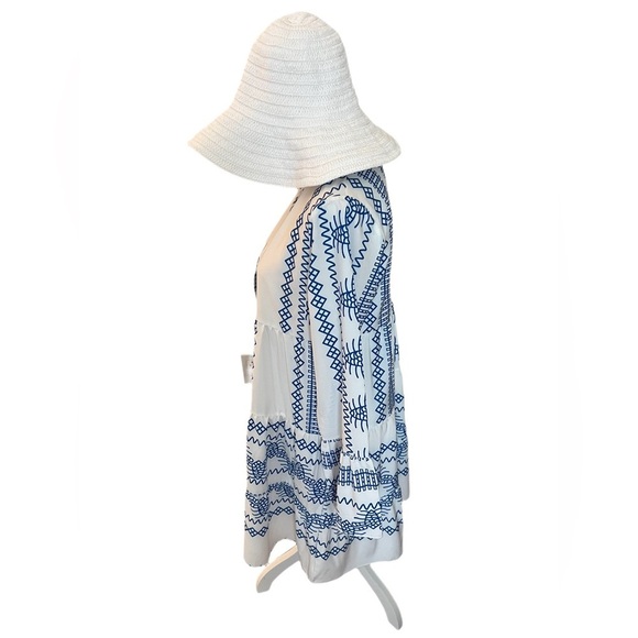 NEW Blue White Aztec Embroidered Tunic Dress | Boho Beach Cover-Up | Size M - Picture 3 of 7